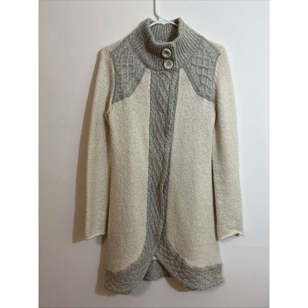 prAna S Duster Long Line Sweater Cream Gray Cable Knit Boho Gypsy Soft Cozy Snap